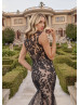 Plunging Neck Black Sequined Lace Tulle Wedding Dress
